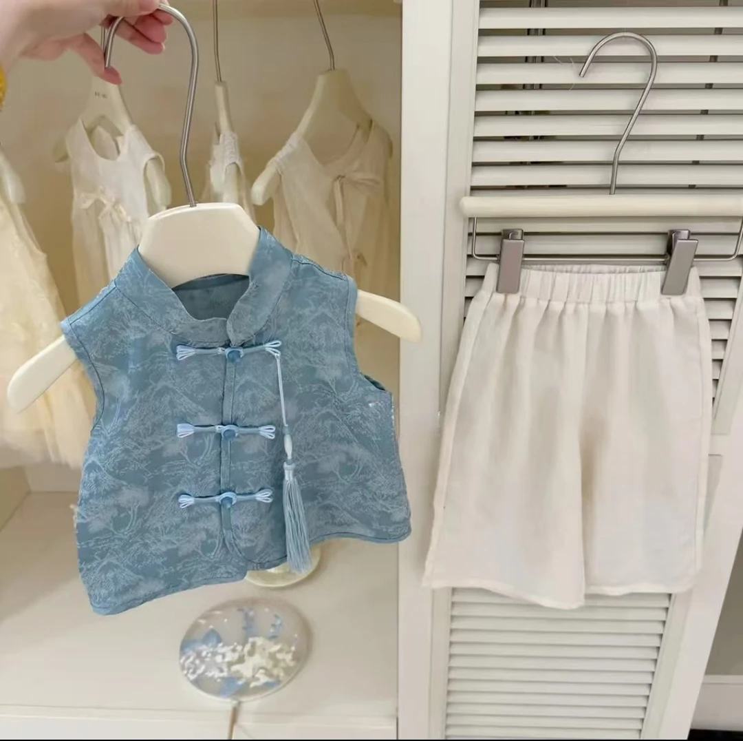 原创高定女童夏季中国风蓝色背心旗袍上衣新中式阔腿裤套装