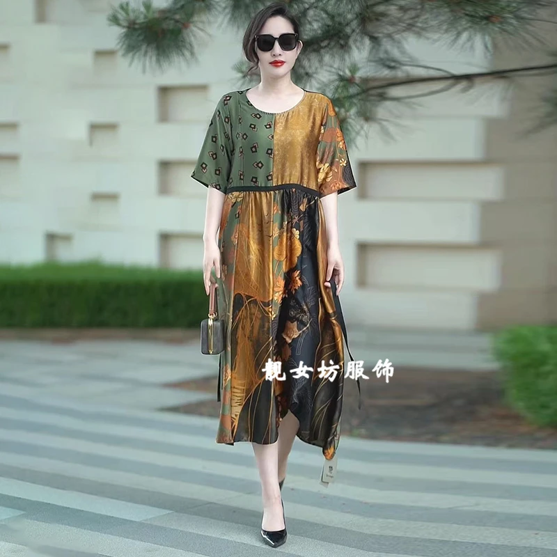 原创大码醋酸连衣裙夏季新款宽松遮肚印花中长裙时髦洋气大版裙子