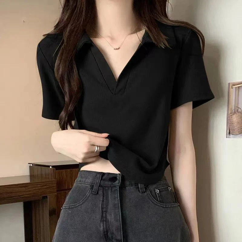 polo领设计感小众时尚收腰显瘦短袖T恤女夏装v字领好看减龄上衣服