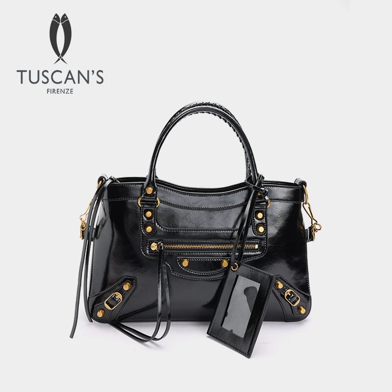 TUSCAN'S新款街头风油蜡牛皮机车包手提包单肩斜挎包双鱼女包