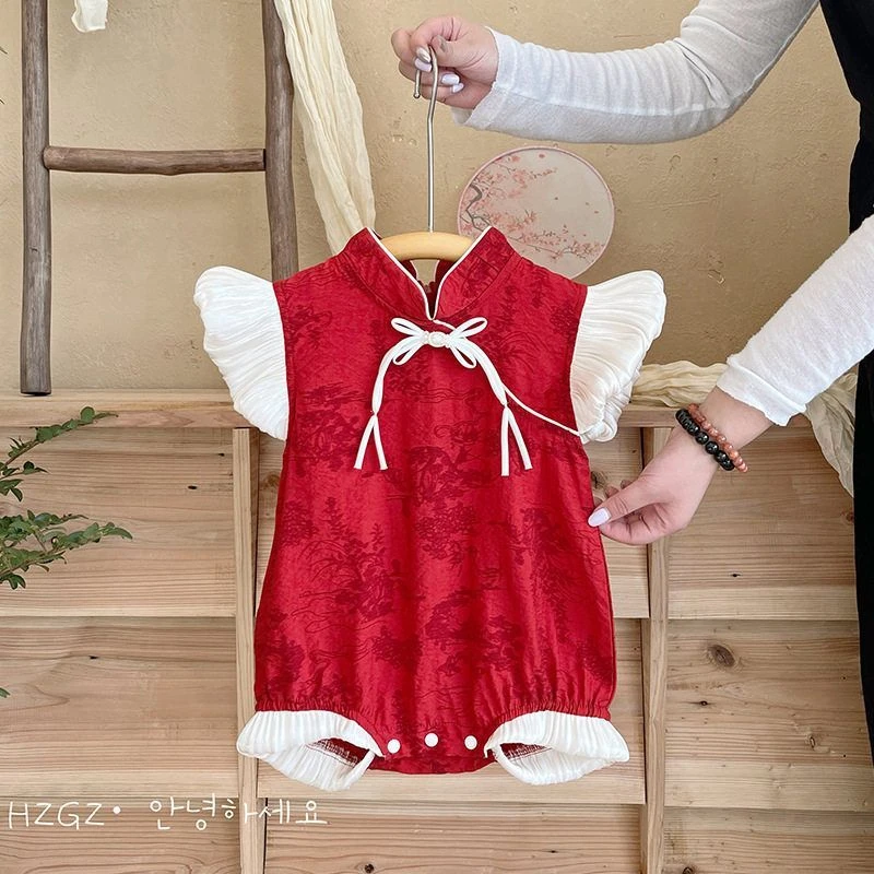 婴儿夏季薄款套装周岁礼服宝宝洋气复古新中式包屁衣连体唐装爬