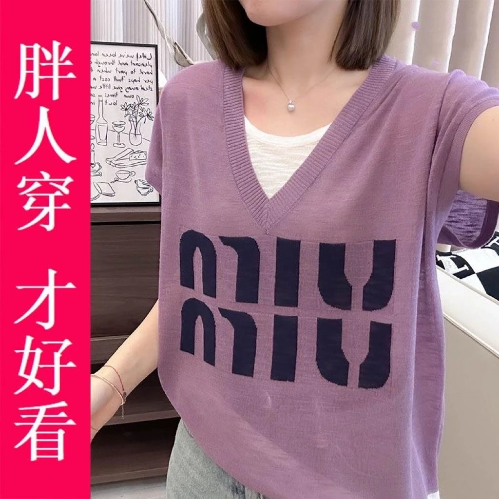 COS MOCO UR宽松显瘦【80-200斤】拼接假两件字母冰丝短袖T恤女夏