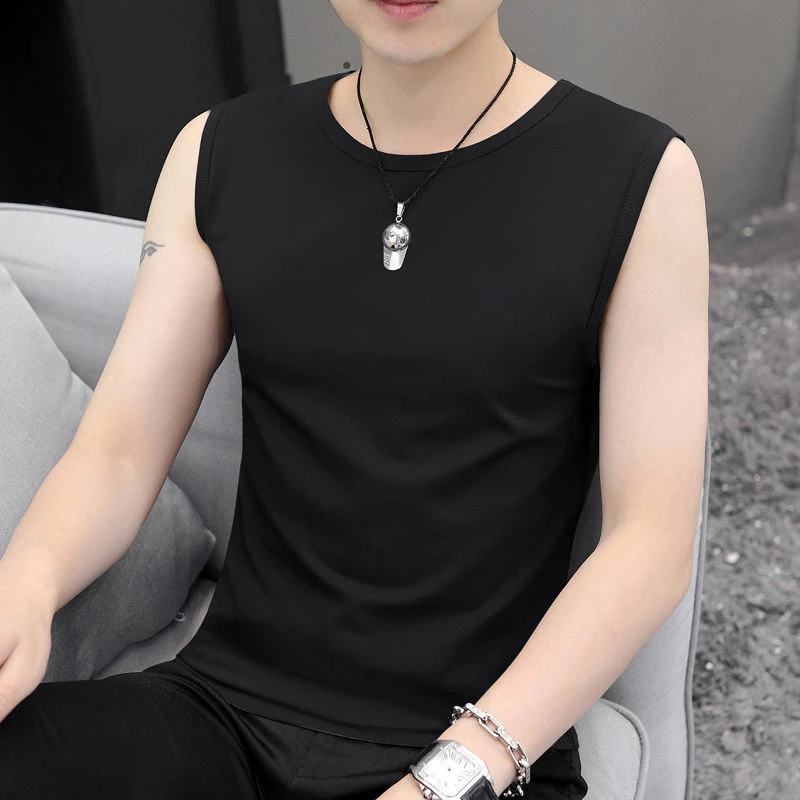 2025新款圆领男士背心休闲夏季冰丝透气健身紧身纯色无袖运动潮流