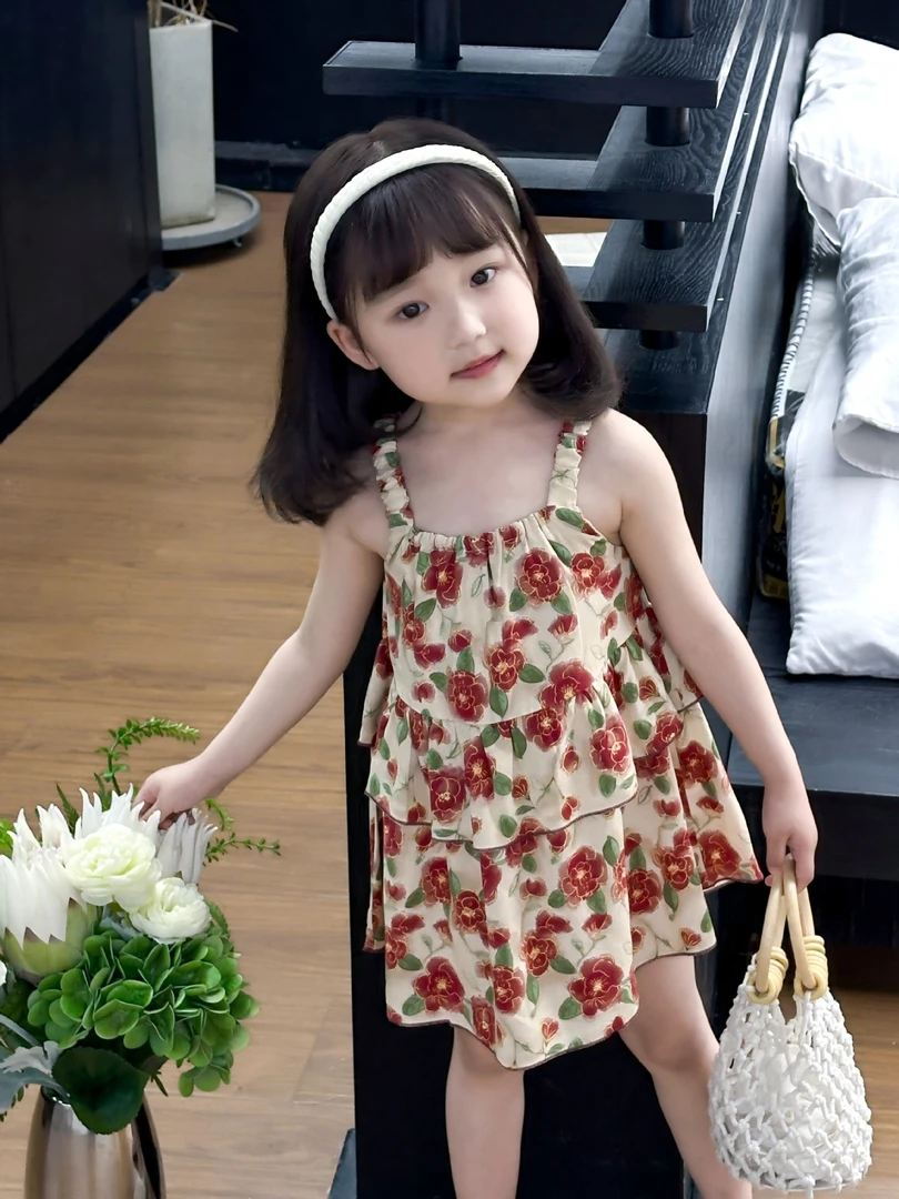 夏季甜美女童连衣裙新款女宝洋气轻薄吊带裙儿童薄款碎花公主裙潮