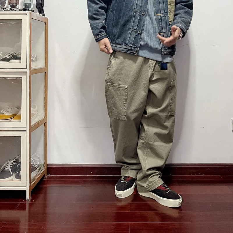 日系复古男水洗做旧重磅伐木裤直筒微锥休闲工装裤百搭多口袋裤子