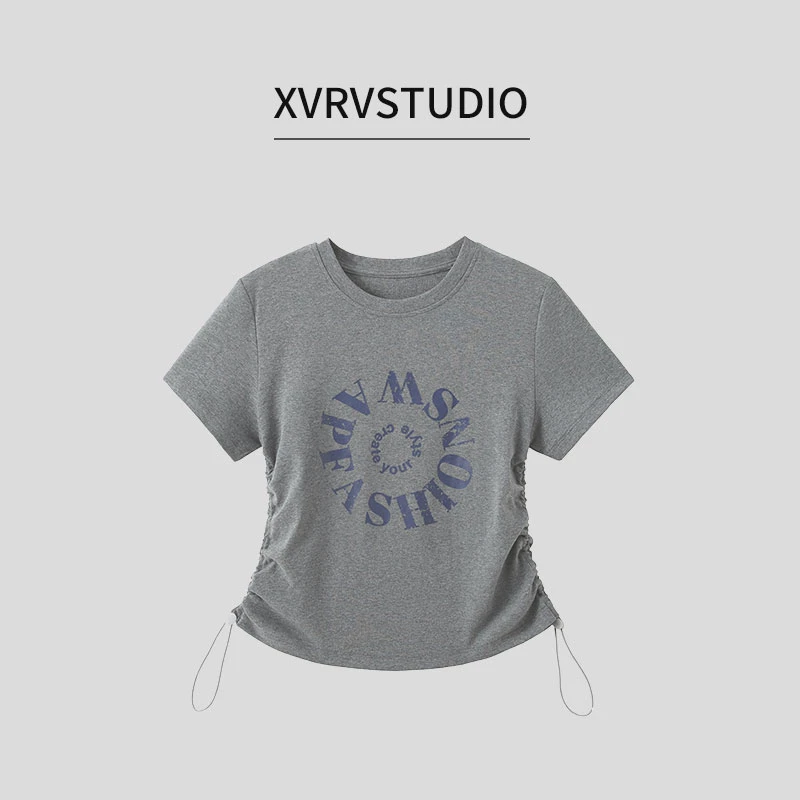 XVRV【夏上新】2025新款运动抽绳T恤洋气百搭健身显瘦正肩女上衣