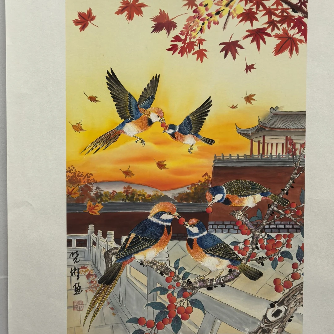 戴总专属——王晓彬老师2.7平尺花鸟作品（丝绢枫叶花鸟）