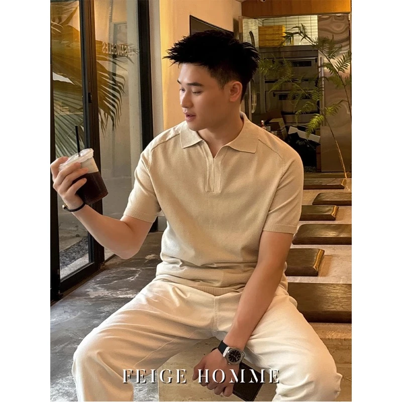 老钱风海鸥领针织polo衫男夏季设计师肌理感短袖t恤美式收腰半袖
