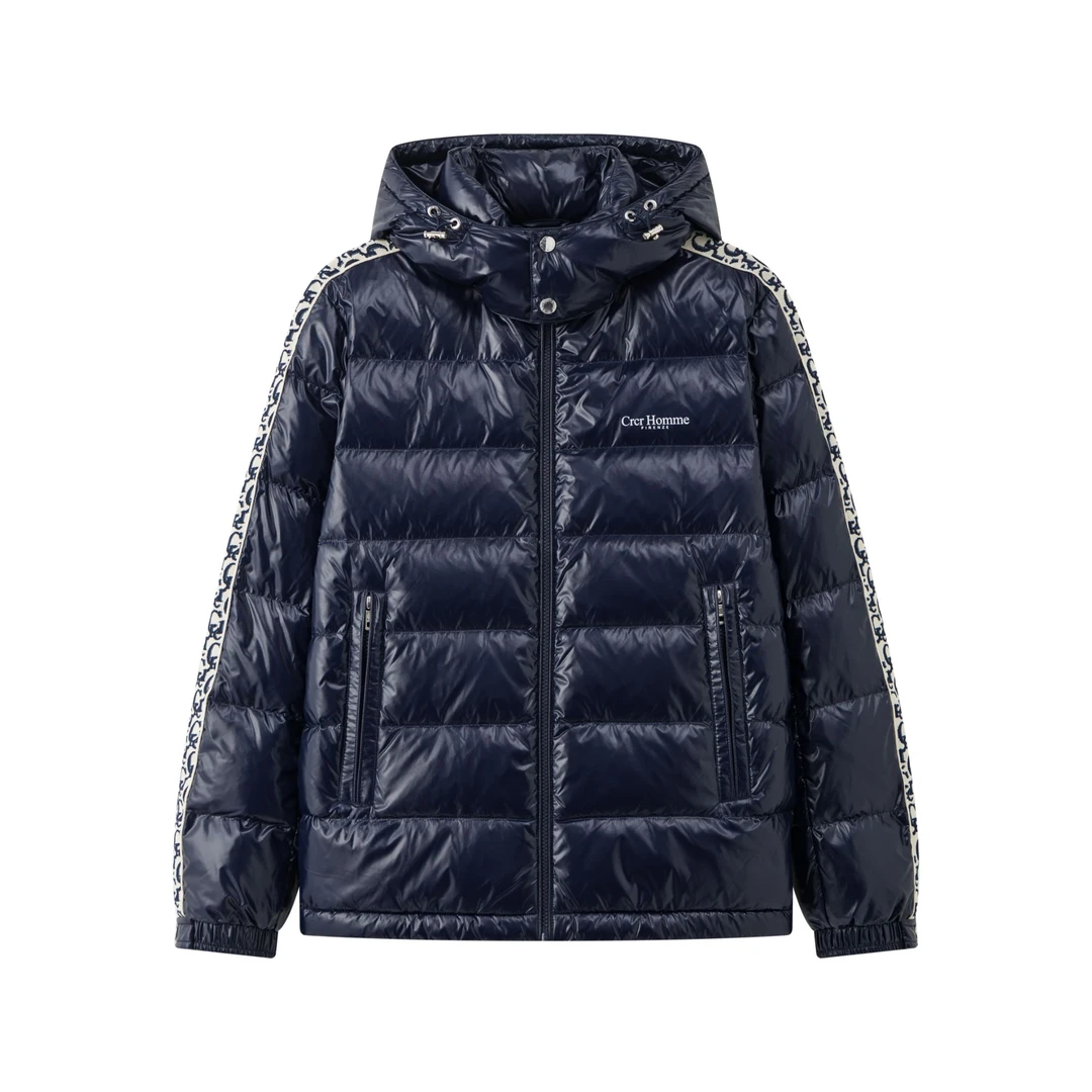 CRCR男士秋冬季可拆卸帽条纹老花拼接休闲保暖宽松百搭鹅绒羽绒服