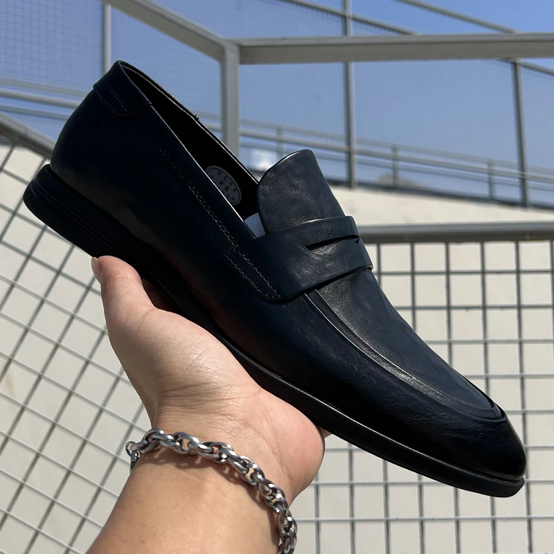 2025新款一脚蹬乐福鞋韩版懒人皮鞋男士单鞋手抓纹牛皮尖头皮鞋