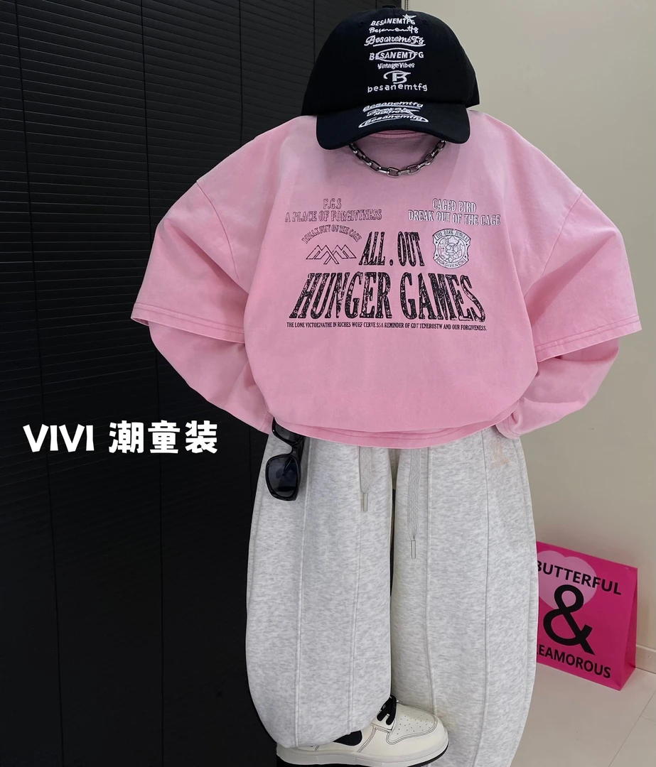 VIVI童装 2025春款潮流中大童粉色洋气休闲字母假两件长袖T恤