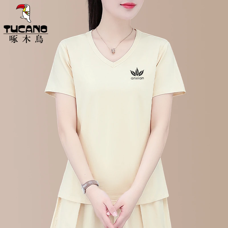 啄木鸟V领短袖女t恤夏2025新款正肩显瘦夏天薄款女士体恤棉上衣
