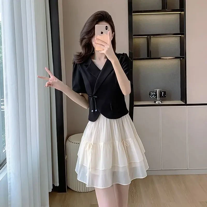 2025夏季新款气质减龄短款小个子两件套上衣+网纱蝴蝶结半身裙