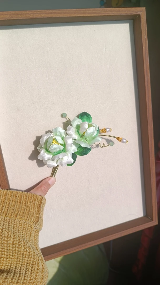 非遗绒花山茶花清新淡雅色系纯手工制作搭配汉服旗袍新中式发饰