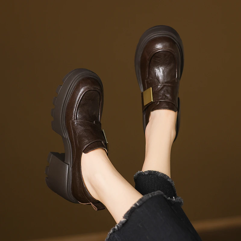 羊皮 8厘米 34-39百搭时尚真皮复古粗跟厚底英伦风单鞋深口