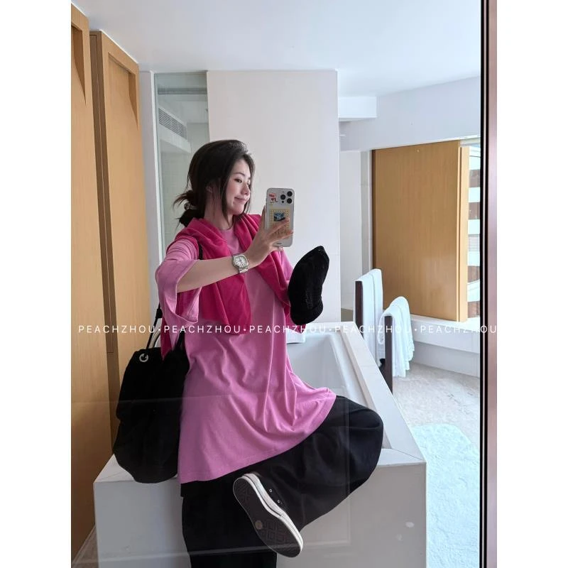 『PEACHZHOU』凉感徽标刺绣阔版宽松圆领八分袖休闲慵懒松弛中性T恤