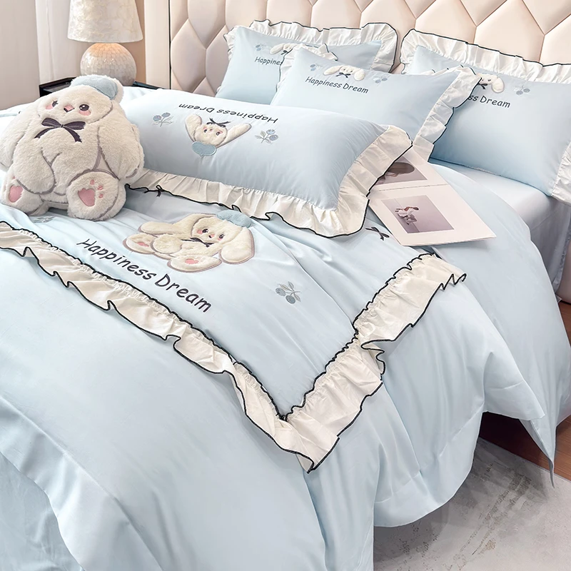 高档A类卡通长绒棉全棉四件套纯棉可爱小兔贴布绣被套少女心床品4