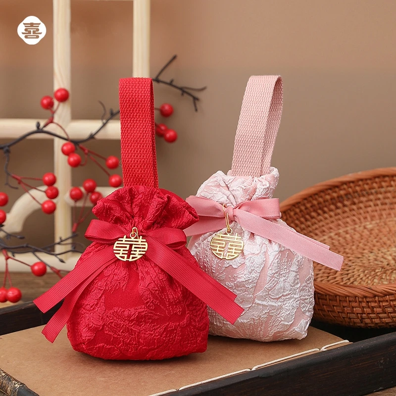创意结婚喜糖袋宝宝满月周岁提花糖果袋婚礼伴手礼回礼手提绒布袋