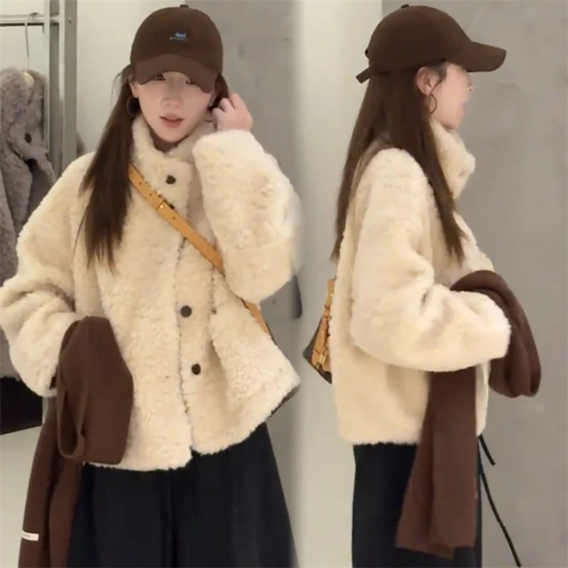 慵懒风立领单排扣毛毛外套女2025秋冬新款韩系保暖舒适宽松上衣