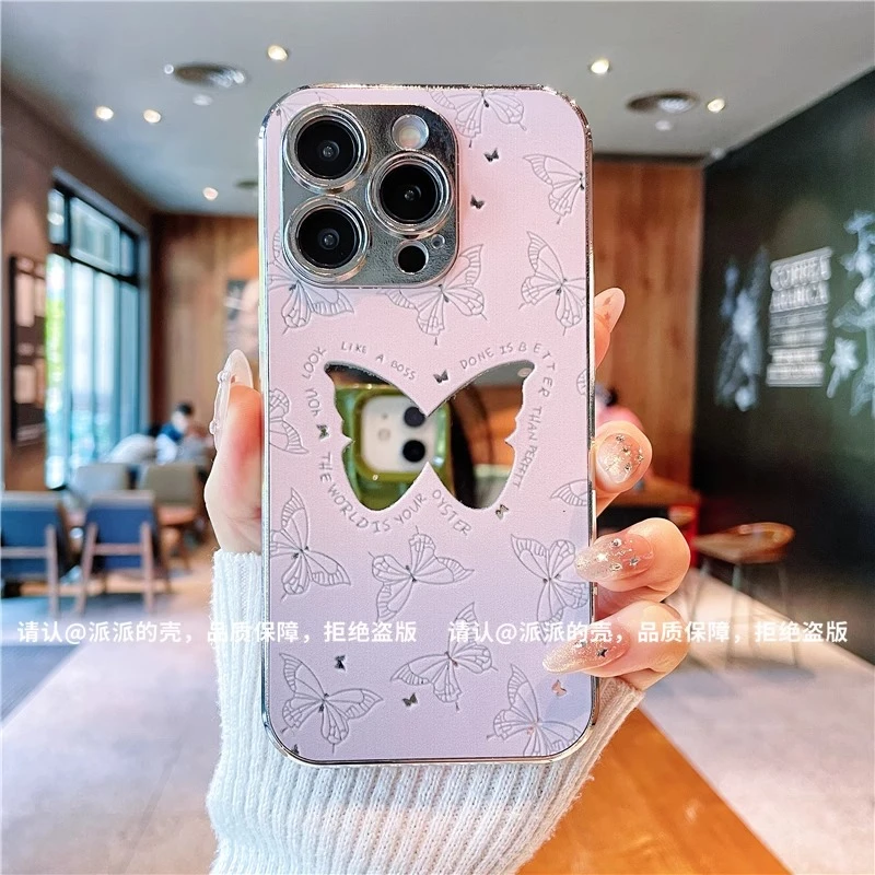 镂空蝴蝶电镀银镜面手机壳适用苹果16创意华为oppo新款小米15vivo