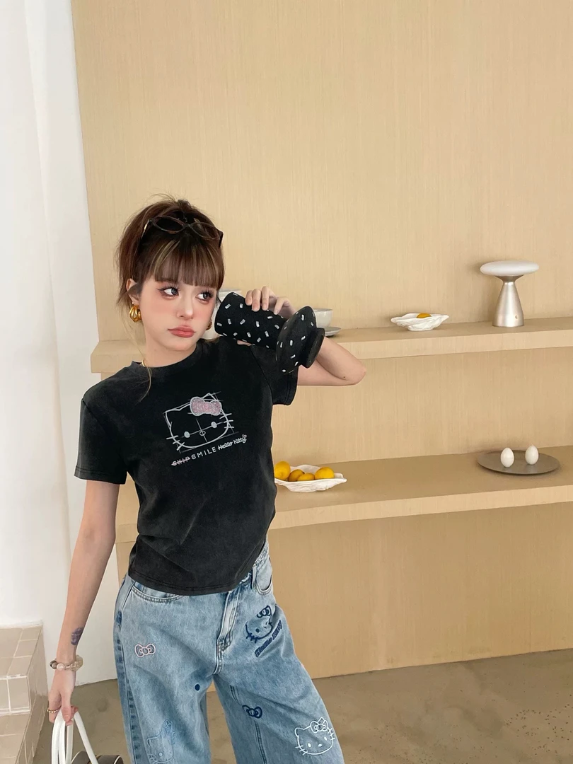 欧货春夏新款甜酷风可爱猫咪印花短袖T恤女夏季短款小版上衣