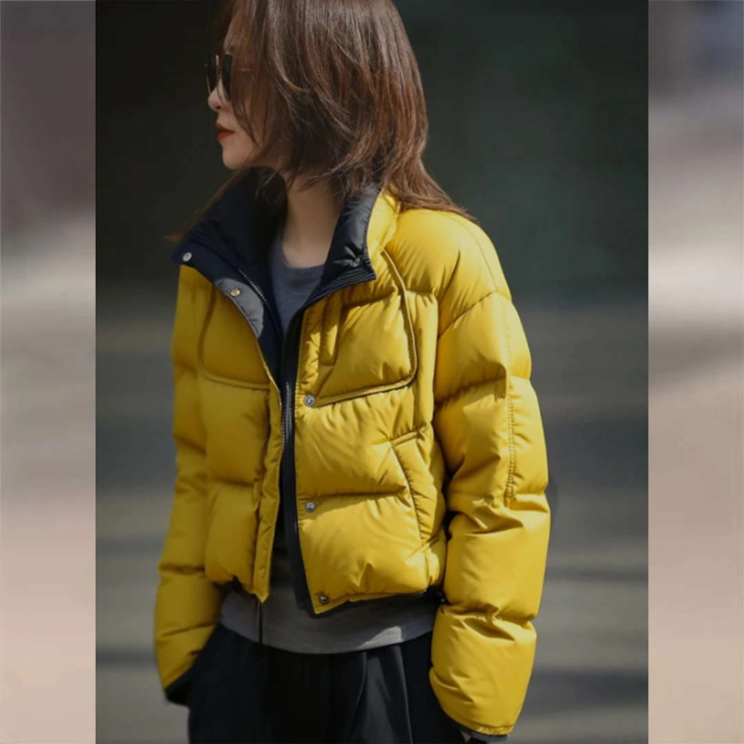 黄色撞色设计感棉服2025新款秋季时尚小个子保暖短款面包服外套