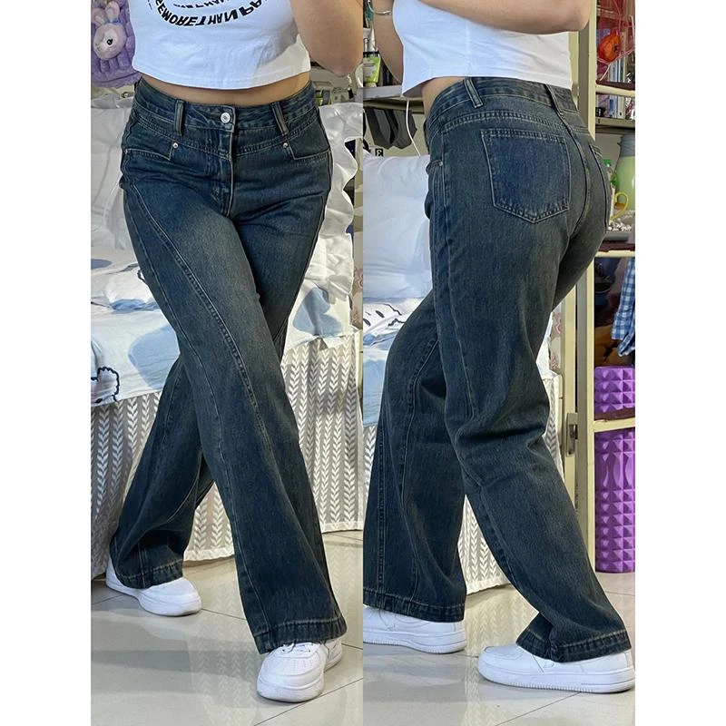 300斤特大码胖mm复古阔腿牛仔裤女春季新款梨形身材显瘦直筒裤子