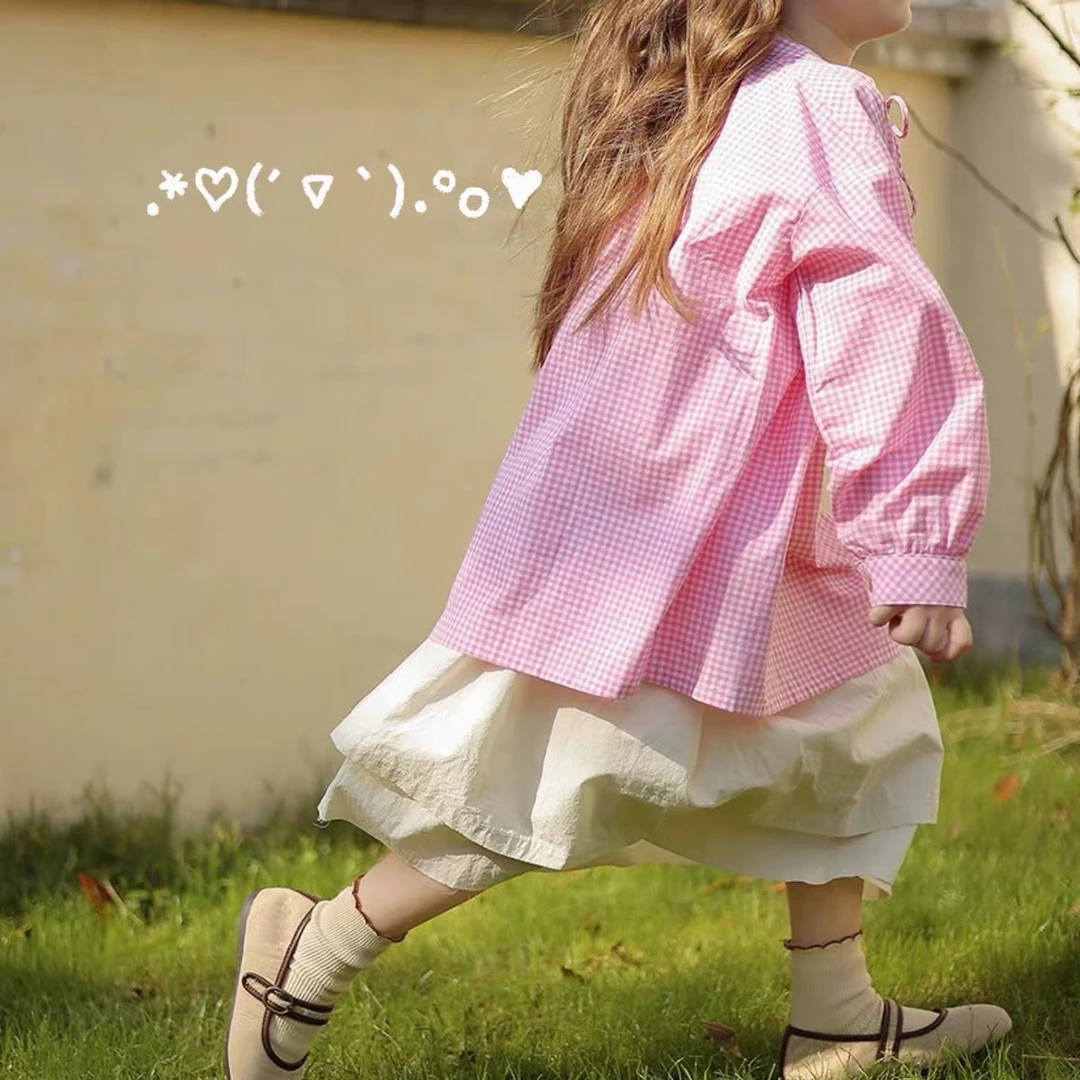 亲子款~2025春季新款女童小众显白洋气格子娃娃衫&白色半裙套装