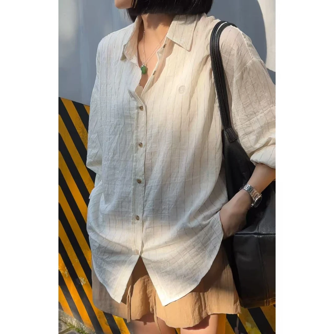 夏季小徽章刺绣复古竖条纹长袖衬衣衬衫5-6-17