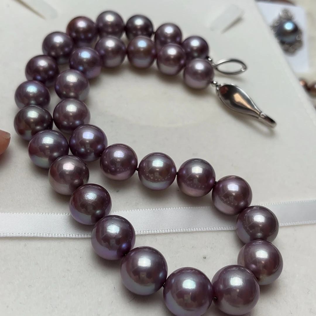 淡水珍珠银S925镶嵌颈饰13-15正圆蓝莓妖紫