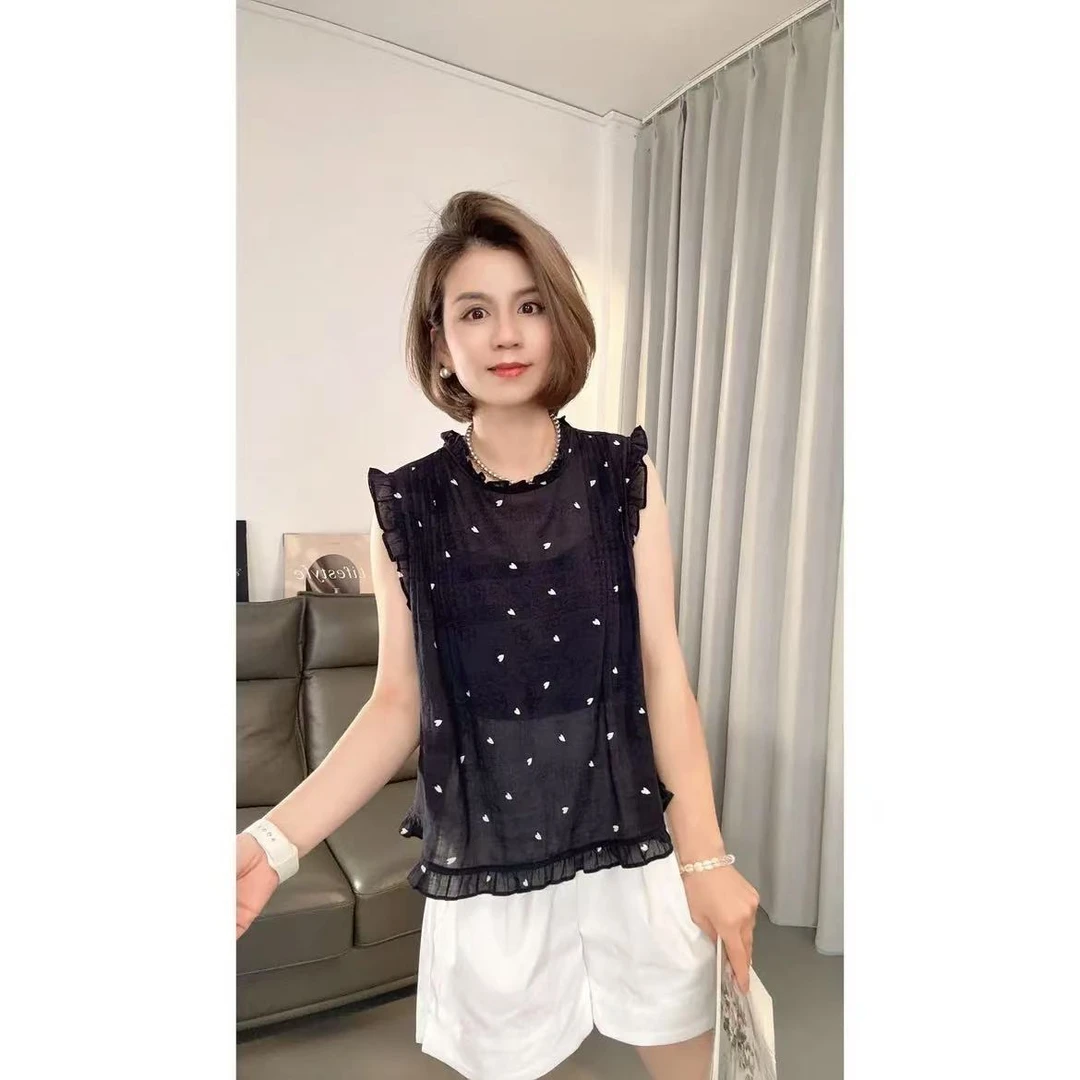 夏季新款女士提花爱心木耳边设计感减龄百搭气质无袖上衣小衫T恤