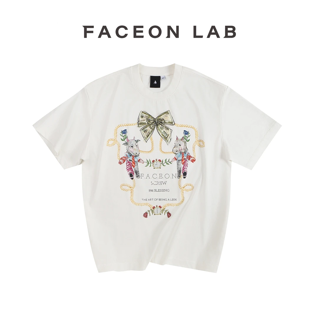 FACEONLAB蜡笔画牛马T复古百搭宽松印花男女同款夏季街头T恤