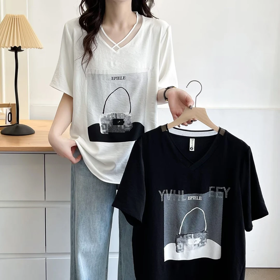 2025年夏季新款时尚百搭大码V领显瘦数码印花短袖T恤110—210斤