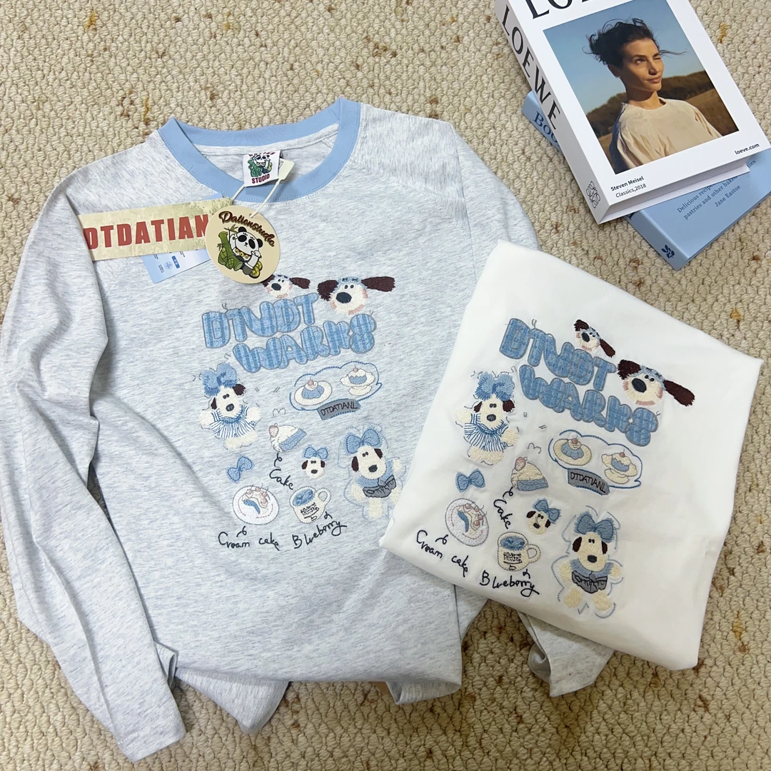 3654#「DT」掌门狗插肩袖女刺绣韩版休闲百搭圆领长袖打底T恤