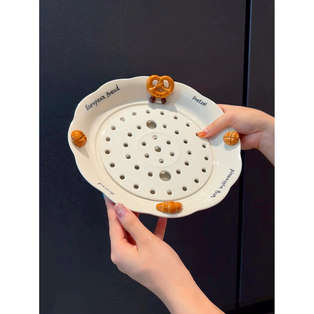 ANNA创意卡通可爱陶瓷饺子盘沥水双层盘专用盘家用蒸盘耐高温餐具