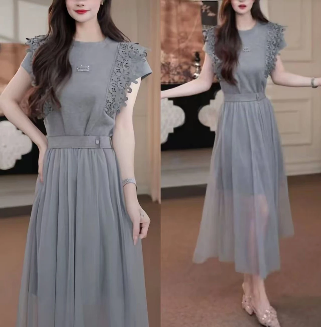 2025夏季新款时尚法式短袖连衣裙气质显瘦纱网拼接休闲裙子两件套