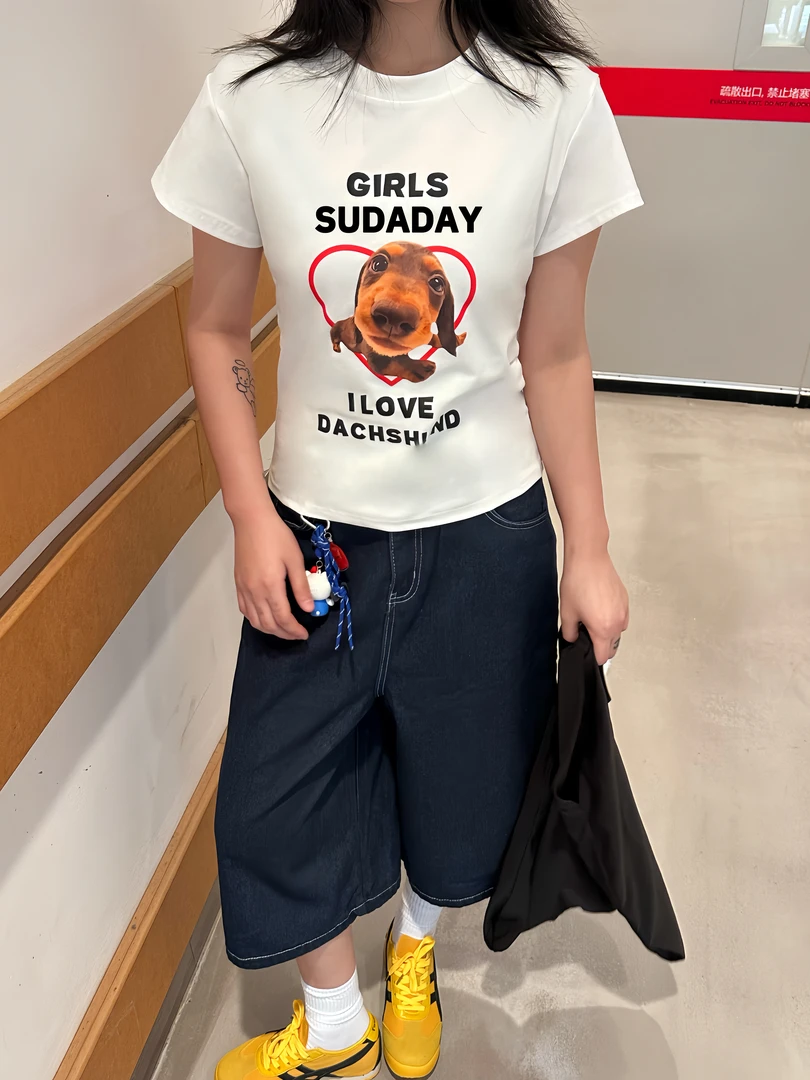 美式正肩腊肠狗百搭休闲辣妹短款T恤女夏季美式宽松显瘦短袖上衣