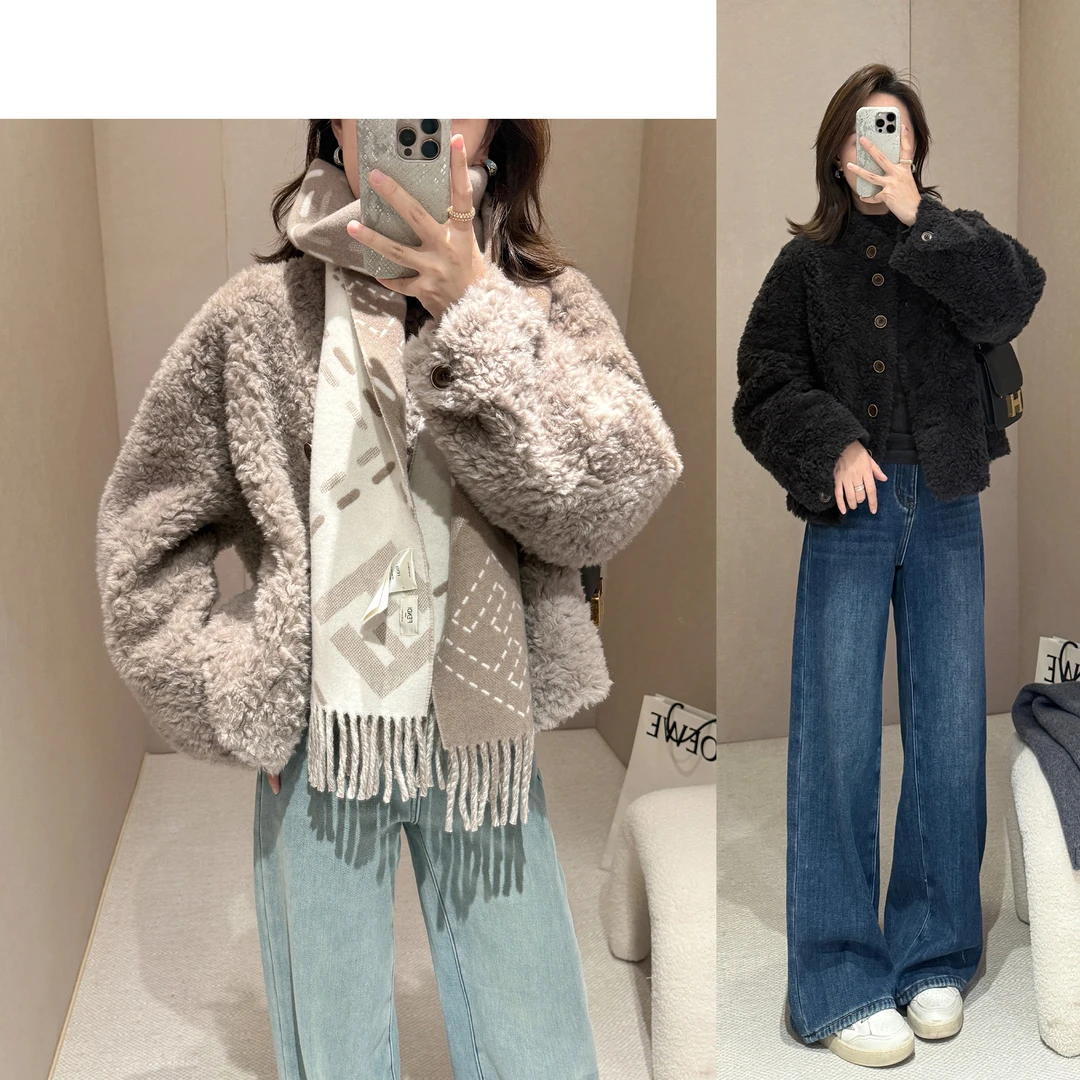 靓小靓【轻奢荃羊毛外套】小立领廓形羊毛短外套 冬季气质毛绒大衣