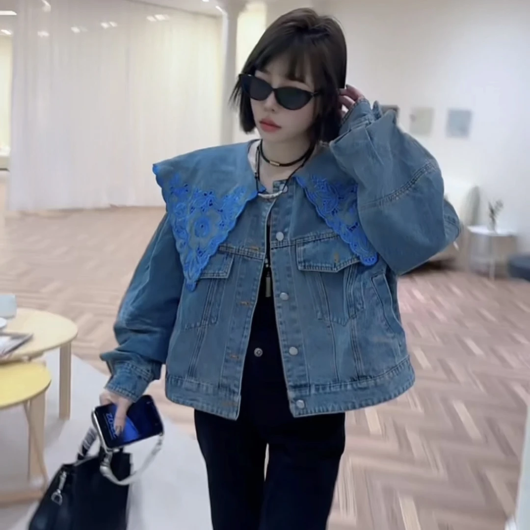 【木棉】欧货新款长袖外套上衣设计感小众女蕾丝披肩领宽松牛仔G006