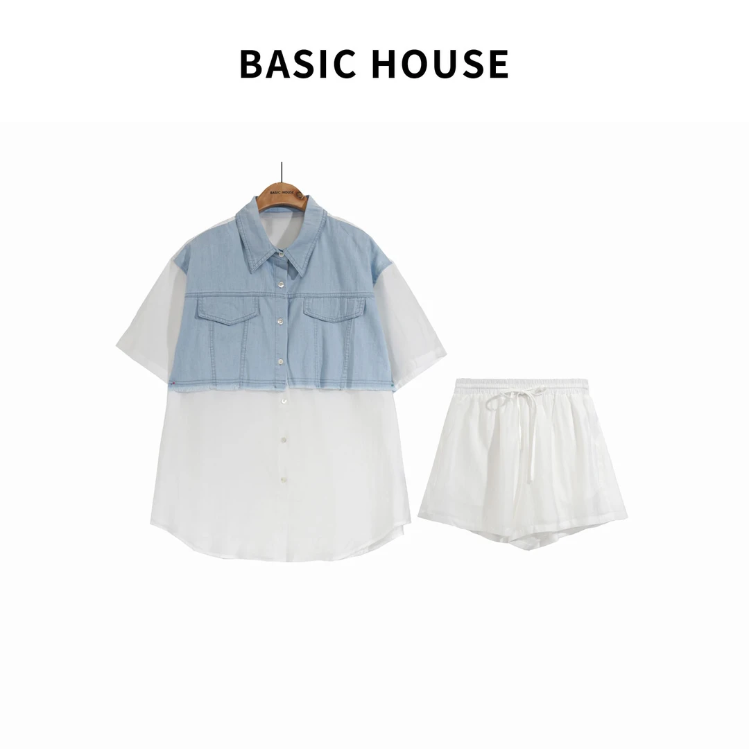 Basic House/百家好百搭宽松牛仔衬衫短裤套装B1385B5HA52