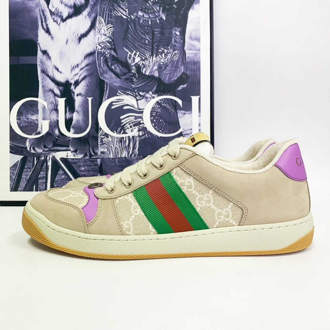 全新未使用 GUCCI/古驰 古驰米色老花满印浅紫尾脏脏鞋复古做旧