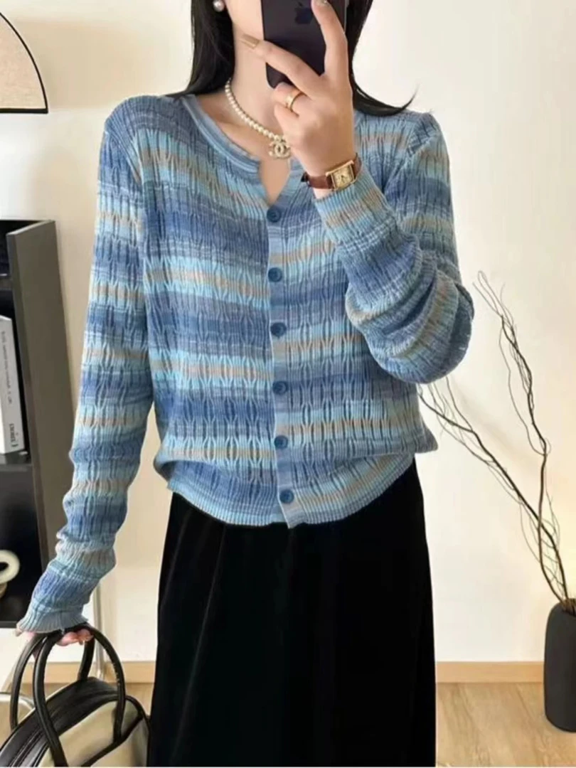 大码2025春秋新款日系文艺拼接渐变色毛衣开衫女单排扣长袖针织衫