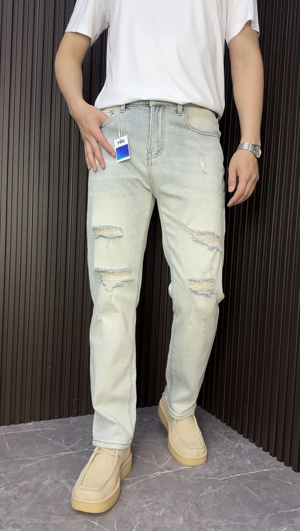 HAOSEN「不规则破洞」经典怀旧蓝不规则破洞中腰男士直筒裤