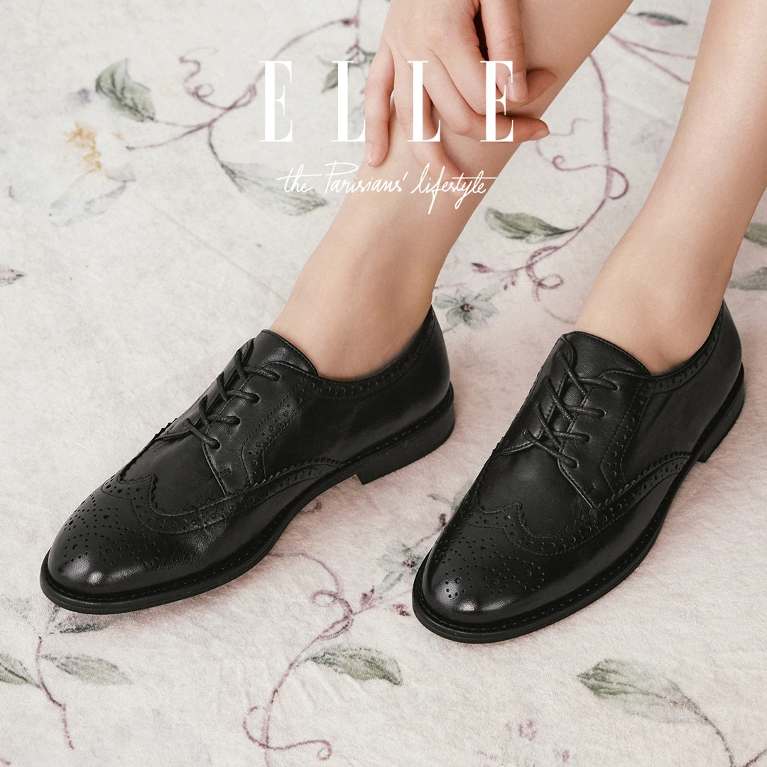 ELLE英国风格复古布洛克雕花小皮鞋女2025新款黑色真皮系带牛津鞋