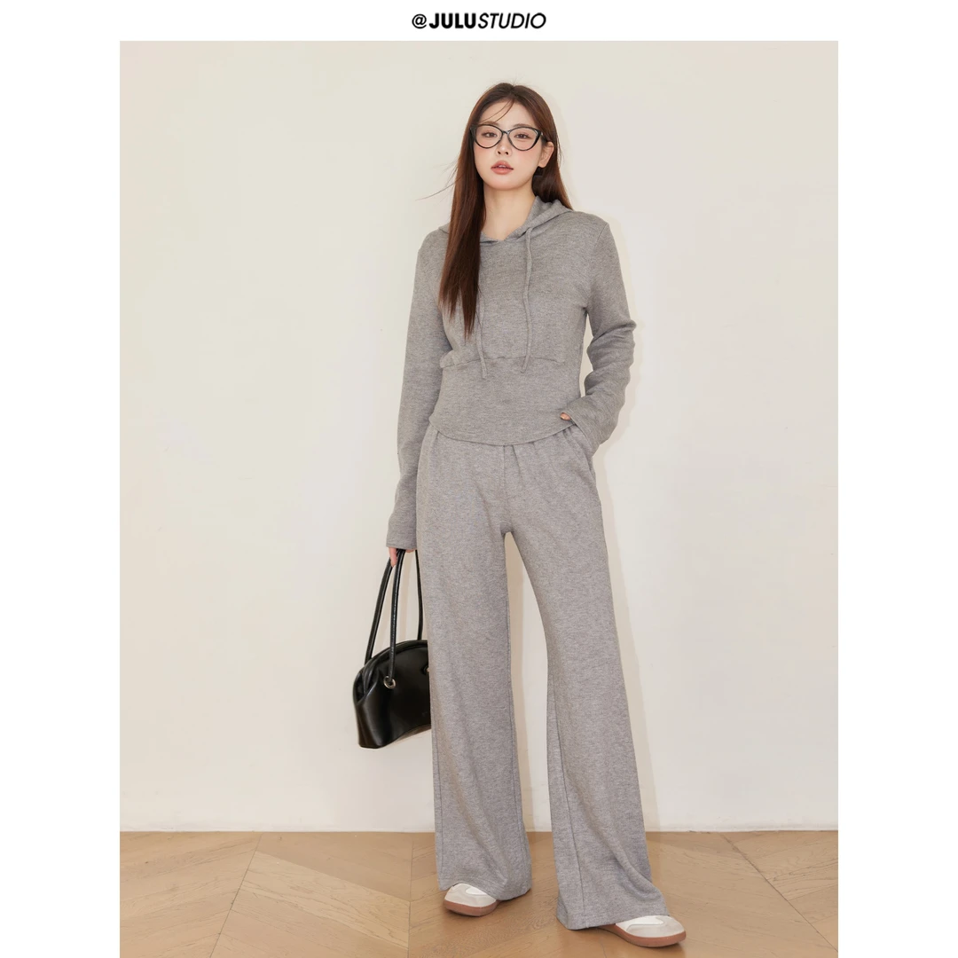 巨鹿工作室“时髦懒人套装”微胖mm收腰连帽修身上衣直筒休闲裤