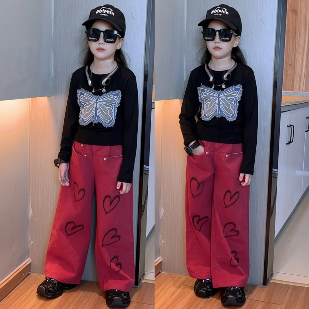 女童秋装套装中大童洋气女孩春秋卡通绣花打底衫工装阔腿裤两件套