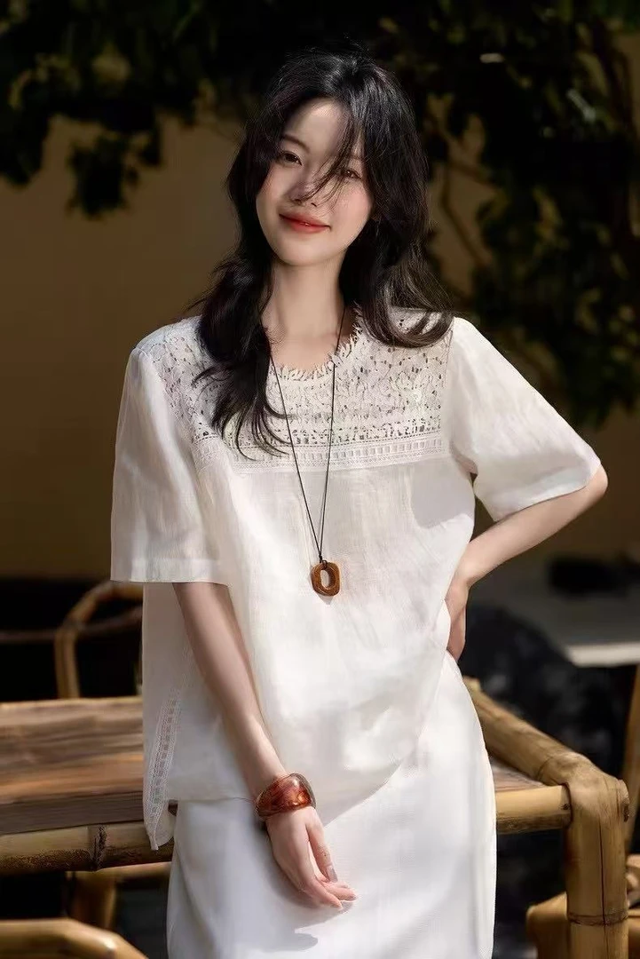【将军工厂店】100汉麻夏季新款重工蕾丝领口短袖薄款上衣气质文艺