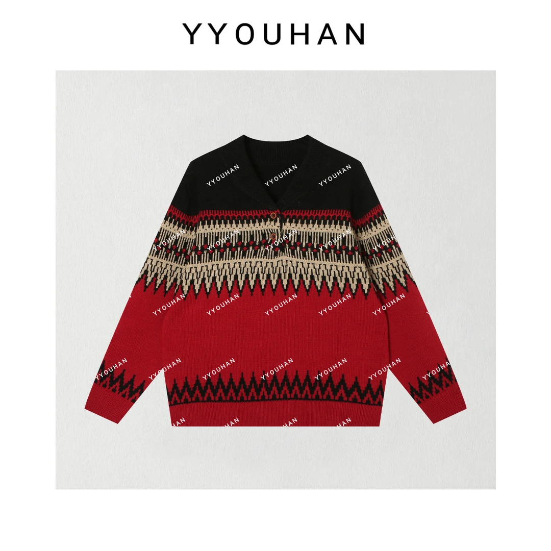 2025春款小翻领复古提花毛衣百搭长袖针织衫 2412B6268