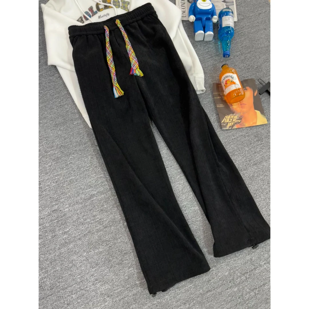 麦穗纹大码秋冬加绒加厚长裤百搭直筒宽松潮牌休闲裤子男阔腿卫裤