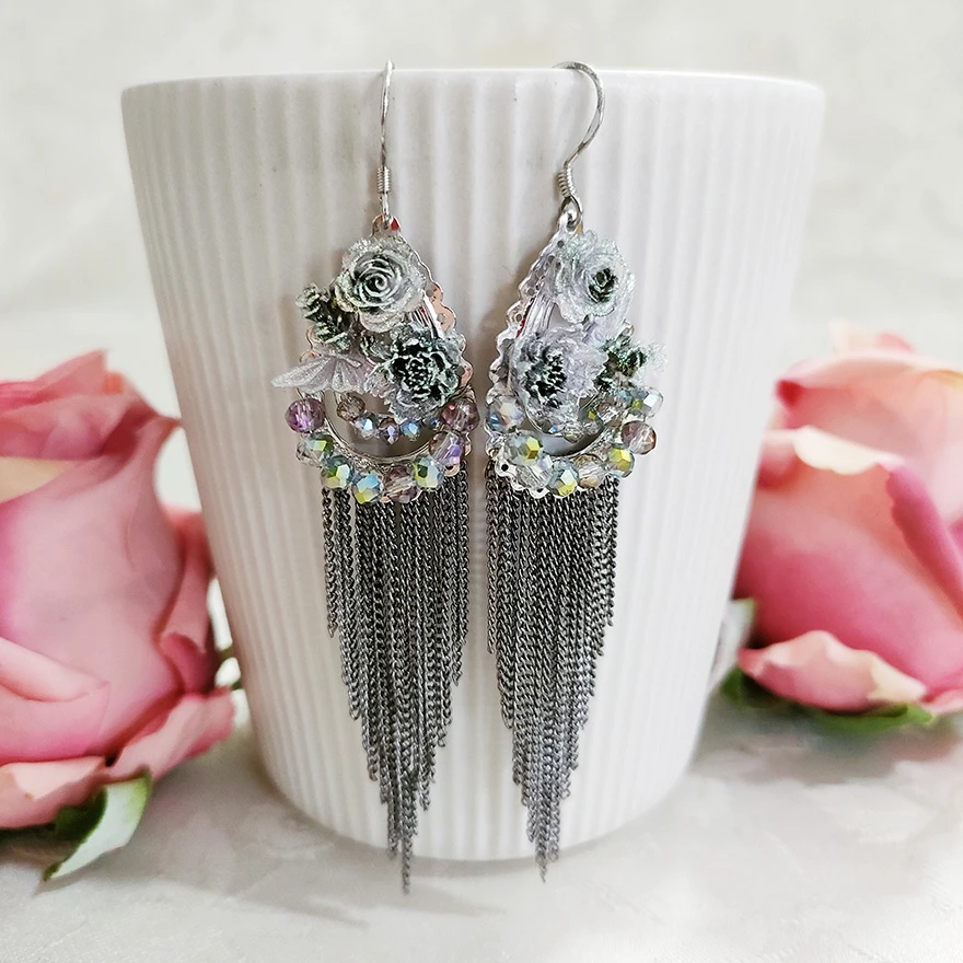 铜合金耳饰 民族风手工气质花瓣长流苏耳环1263